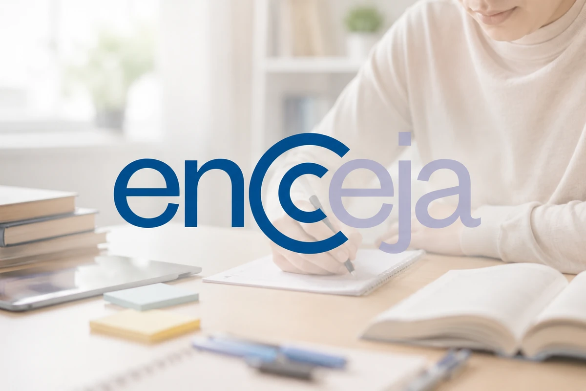 Pessoa escrevendo em caderno com logo do Encceja sobreposto em imagem sobre a estrutura da prova de 2026