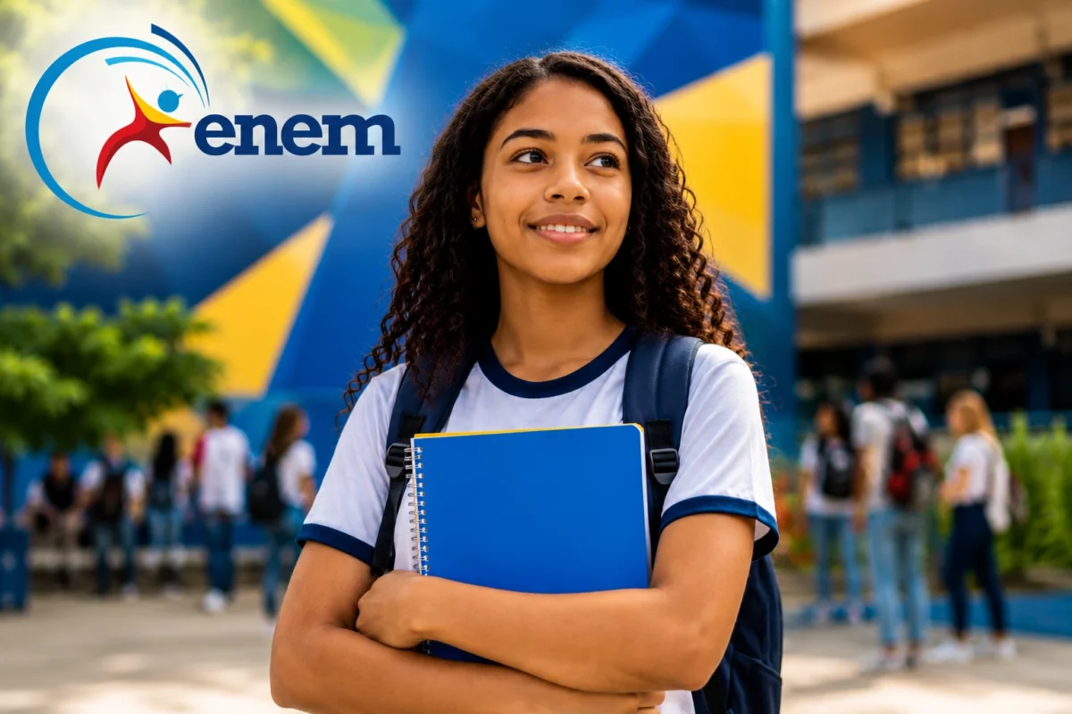 Estudante da rede pública em frente à escola, representando a ampliação dos locais de prova do Enem.