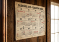 Calendário anual 2026 em papel envelhecido fixado em parede de madeira escura, destacando feriados nacionais do Brasil.