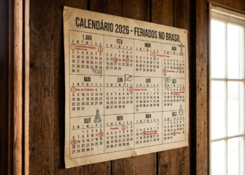 Calendário anual 2026 em papel envelhecido fixado em parede de madeira escura, destacando feriados nacionais do Brasil.