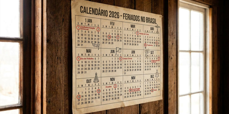 Calendário anual 2026 em papel envelhecido fixado em parede de madeira escura, destacando feriados nacionais do Brasil.