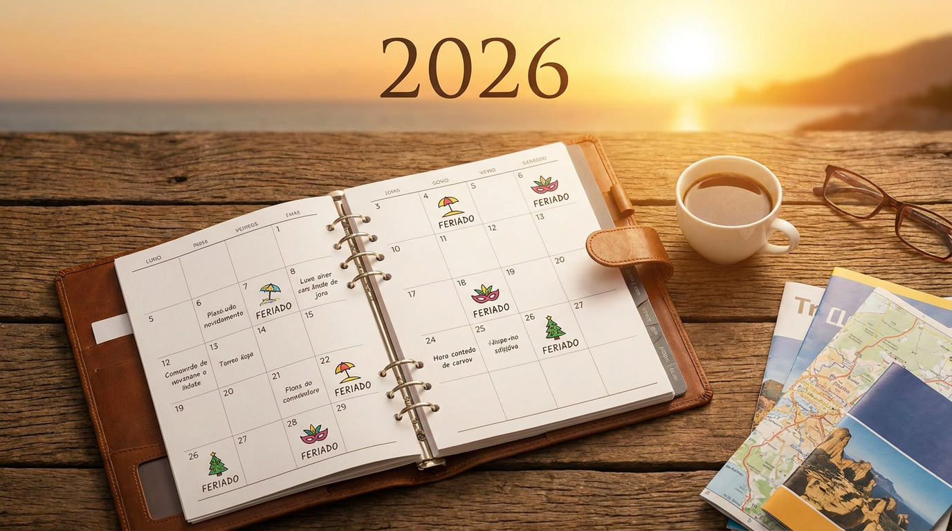 Agenda de couro aberta sobre mesa de madeira com marcações de feriados 2026, xícara de café, óculos e mapas ao lado.