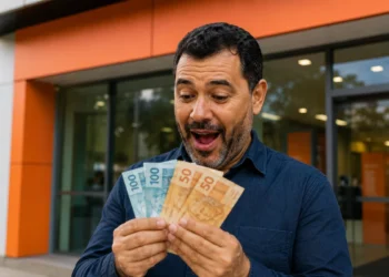 Trabalhador segurando notas de real em frente a banco, representando a liberação do saque-aniversário do FGTS em 2026.