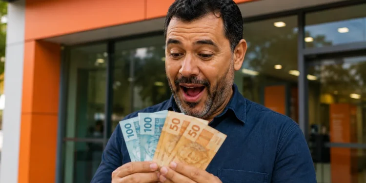 Trabalhador segurando notas de real em frente a banco, representando a liberação do saque-aniversário do FGTS em 2026.