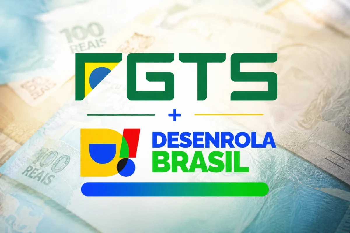 Arte com os logos do FGTS e do Desenrola Brasil sobre cédulas de real desfocadas, representando renegociação de dívidas.