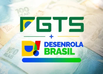 Logo do FGTS e do Desenrola Brasil sobre cédulas de reais, ilustrando o uso do FGTS na renegociação de dívidas.