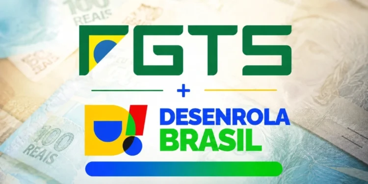 Logo do FGTS e do Desenrola Brasil sobre cédulas de reais, ilustrando o uso do FGTS na renegociação de dívidas.