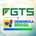 Logo do FGTS e do Desenrola Brasil sobre cédulas de reais, ilustrando o uso do FGTS na renegociação de dívidas.