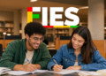 Jovem de óculos e camisa verde e mulher de jaqueta jeans estudam em biblioteca com logo colorido do FIES.