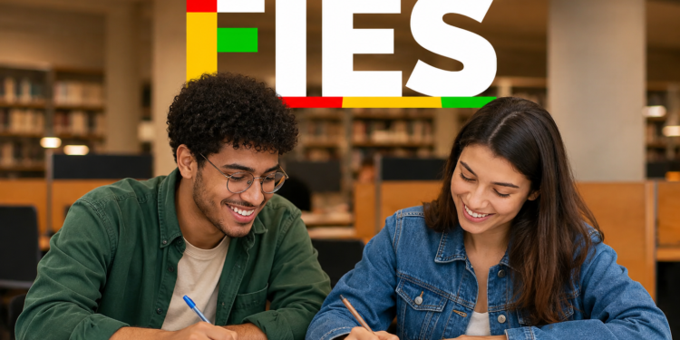 Jovem de óculos e camisa verde e mulher de jaqueta jeans estudam em biblioteca com logo colorido do FIES.