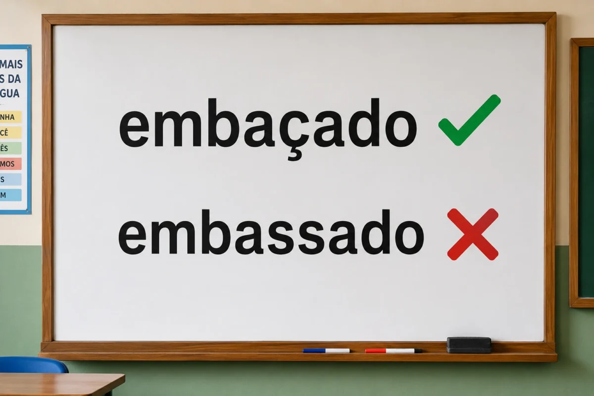 Quadro de sala de aula mostrando a palavra embaçado com sinal verde de correto e embassado com X vermelho de incorreto.