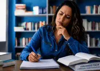 Mulher adulta escrevendo em caderno com expressão de dúvida, representando o uso correto de "incluso" e "incluído.