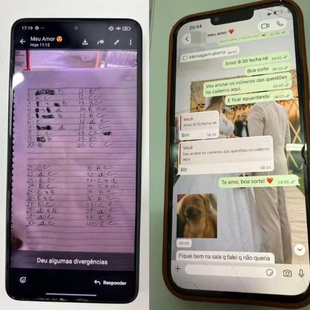 Dois celulares mostrando WhatsApp: um com foto de gabarito manuscrito e outro com conversa amorosa e imagem de cachorro.