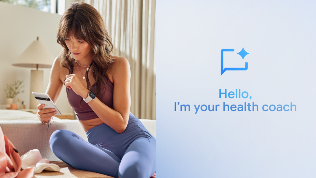 Mulher com smartwatch consultando smartphone em ambiente claro ao lado de tela com a mensagem Hello I am your health coach