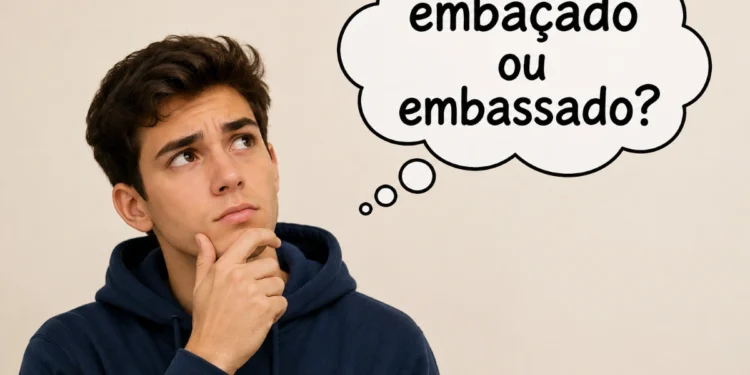Homem pensativo com balão de pensamento perguntando se o correto é embaçado ou embassado.