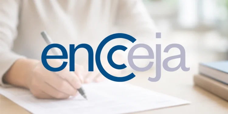 Pessoa escrevendo em papel com logo do Encceja sobreposto, representando o guia de inscrição e preparação 2026.