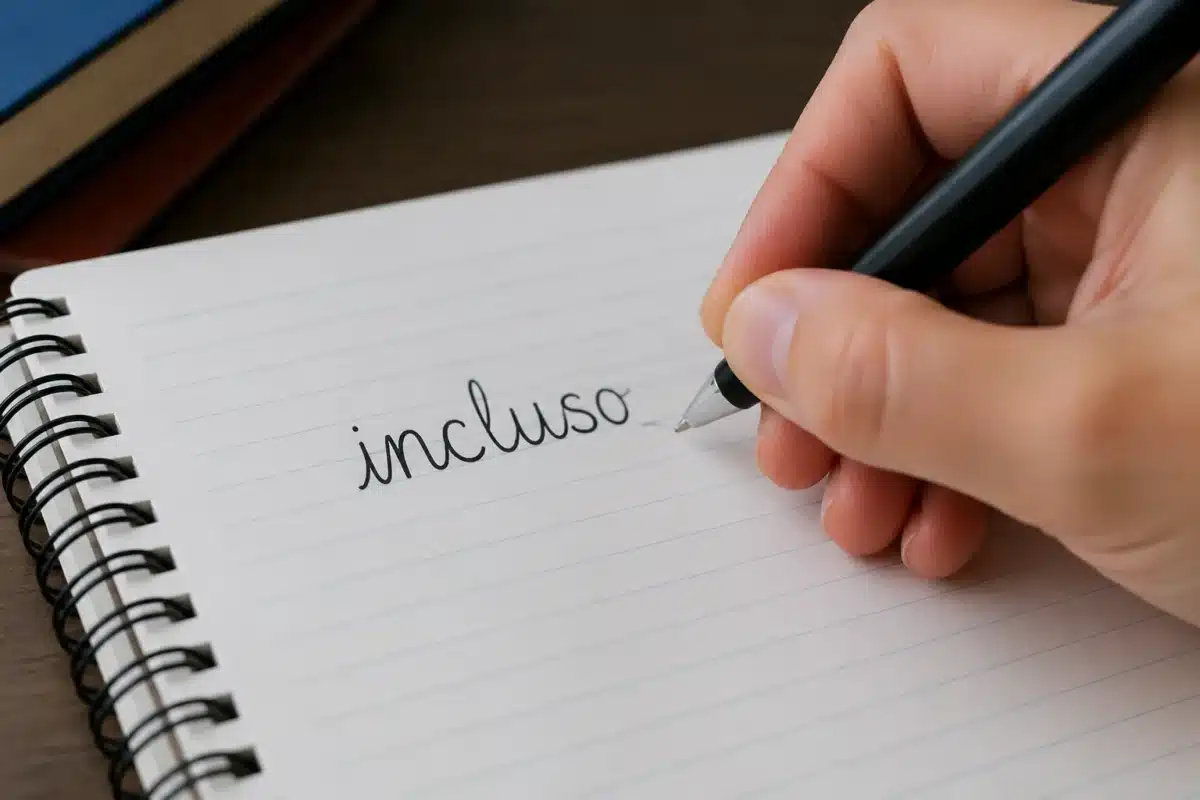 Mão escrevendo a palavra 'incluso' em um caderno espiral com caneta preta, ilustrando o uso correto do termo.