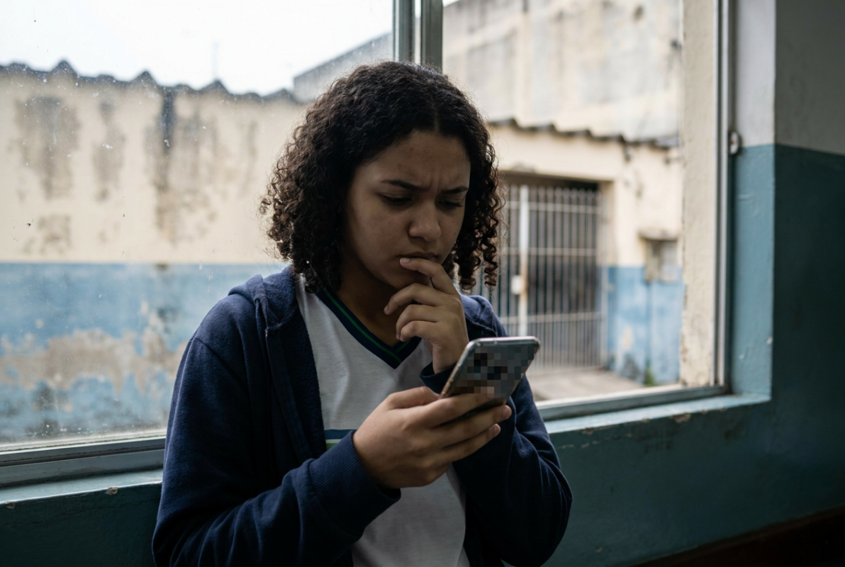 studante de uniforme escolar confere informações no celular em corredor de escola pública