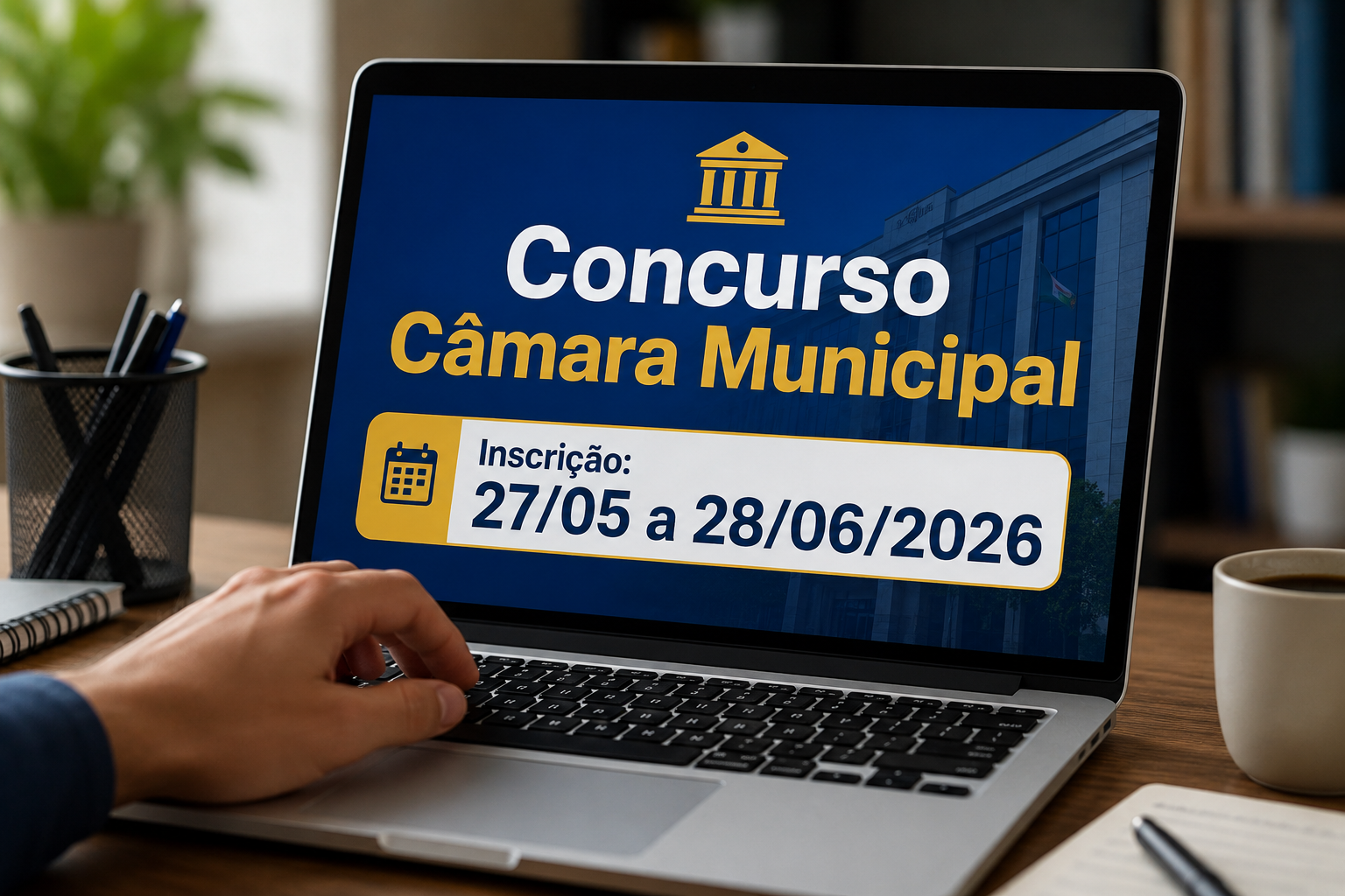 Notebook exibindo anúncio de concurso Câmara Municipal com inscrições de 27/05 a 28/06/2026 em tela azul e dourada.