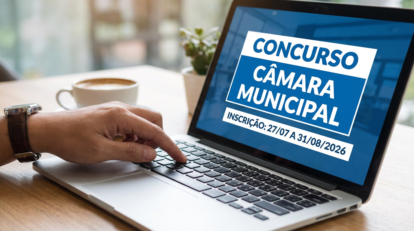 Mão masculina com relógio digitando em notebook exibindo tela azul de concurso Câmara Municipal com inscrições de 27/07 a 31/08/2026.