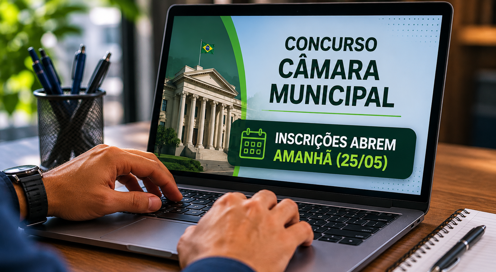 Mãos digitando em notebook exibindo anúncio de concurso Câmara Municipal com prédio neoclássico e bandeira do Brasil.