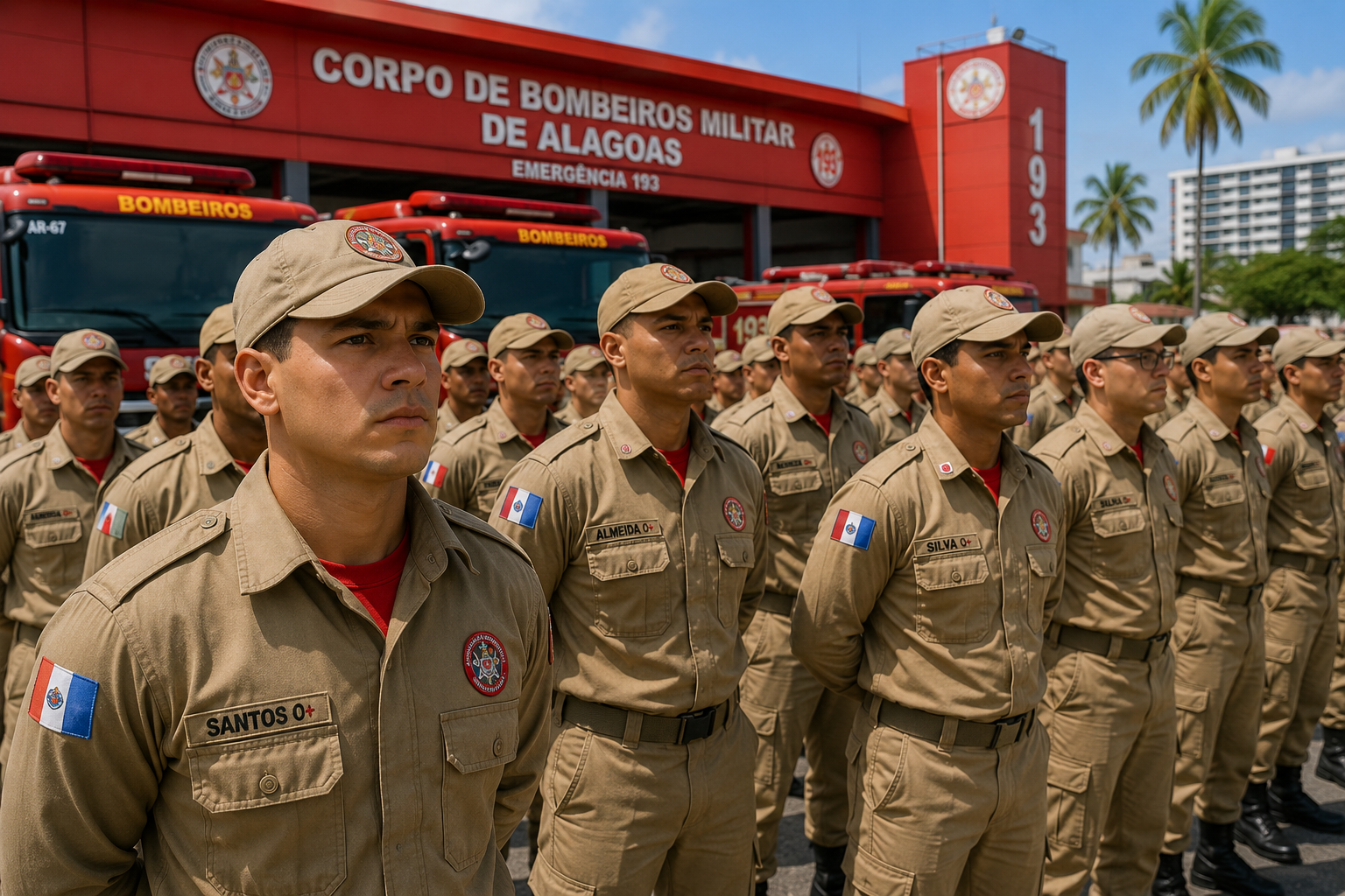 Bombeiros militares de Alagoas perfilados com uniforme bege e boné, fachada vermelha do QCG ao fundo.