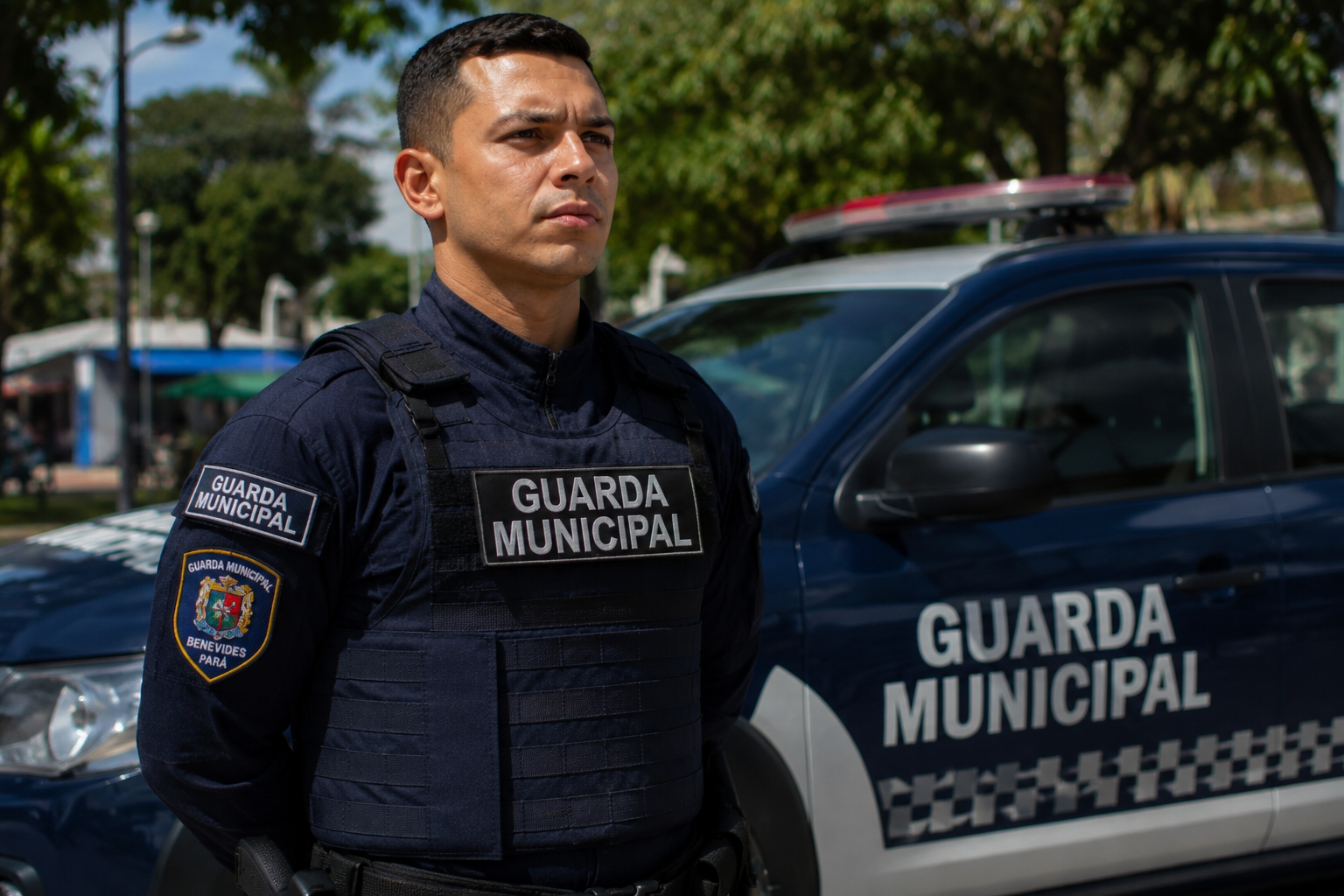 Agente da Guarda Municipal de Benevides PA com uniforme azul e colete balístico ao lado de viatura caracterizada.