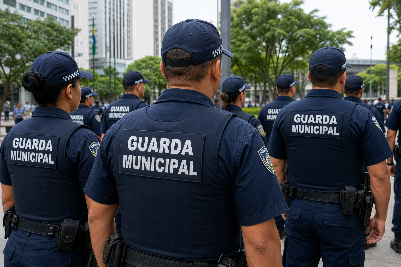 Guardas municipais de uniforme azul-marinho com inscrição nas costas durante solenidade em praça.