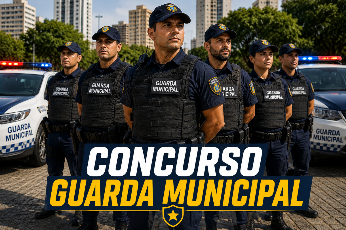 Seis guardas municipais fardados com coletes e bonés azuis em frente a viaturas policiais