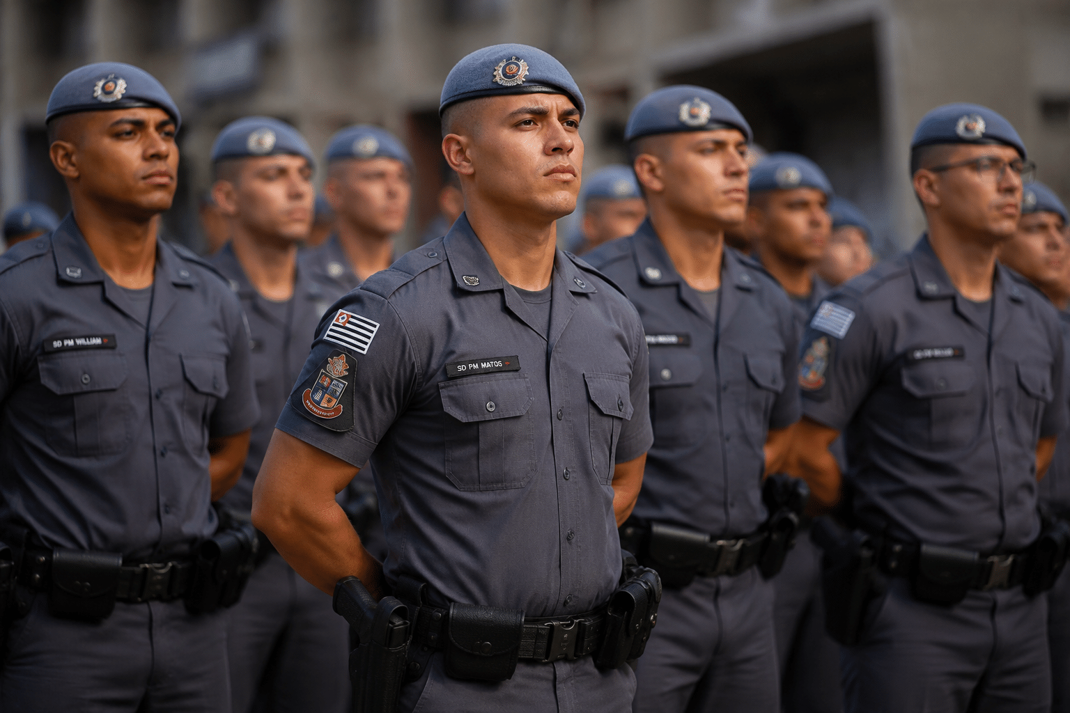 Soldados da Polícia Militar de SP em fila usando uniforme cinza, boinas azuis e distintivos do estado de São Paulo.