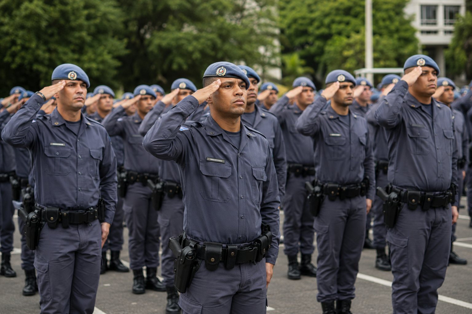 Policiais militares de uniforme azul-marinho e boina prestam continência em formação militar ao ar livre.