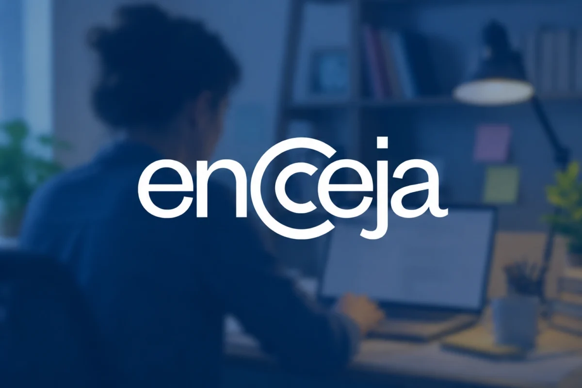Pessoa mexendo no computador com o logo do Encceja em sobreposição, ilustrando a inscrição online do Encceja 2026 pelo portal do Inep.