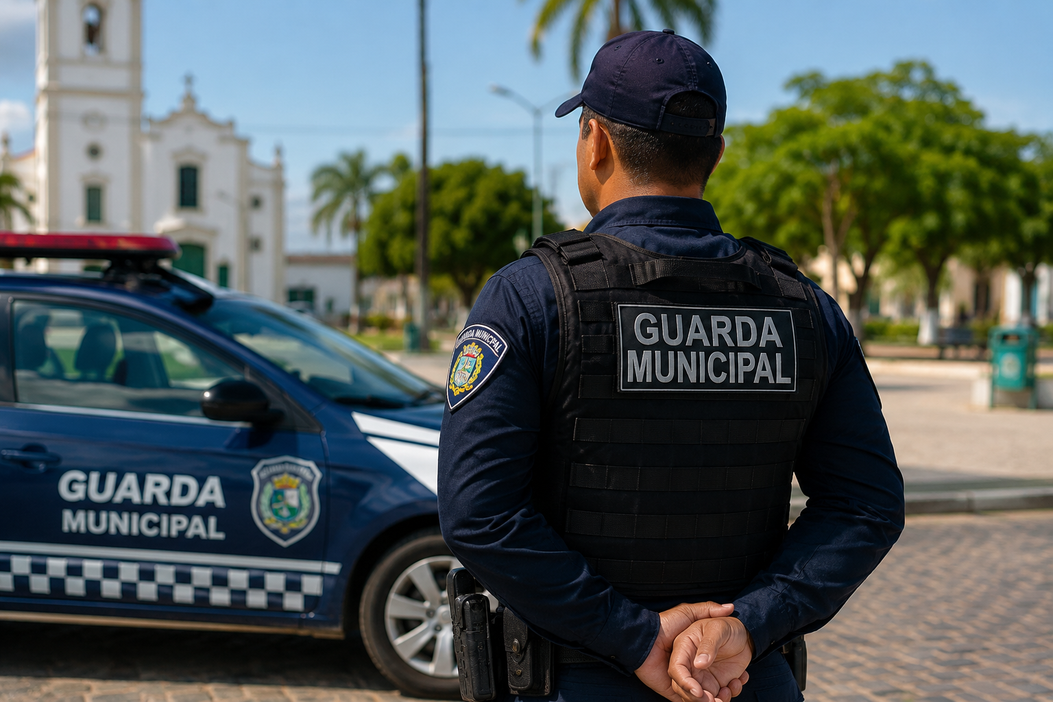 Guarda Municipal de costas com colete balístico, viatura azul ao lado, praça com igreja colonial ao fundo.