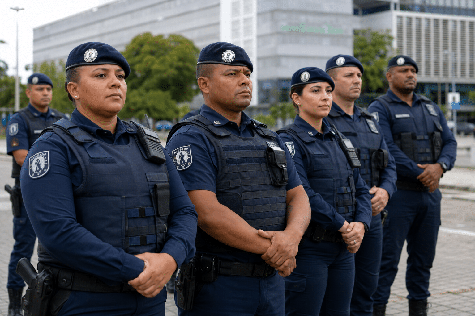 Seis guardas municipais em uniforme azul-marinho, boinas e coletes balísticos perfilados em área externa.
