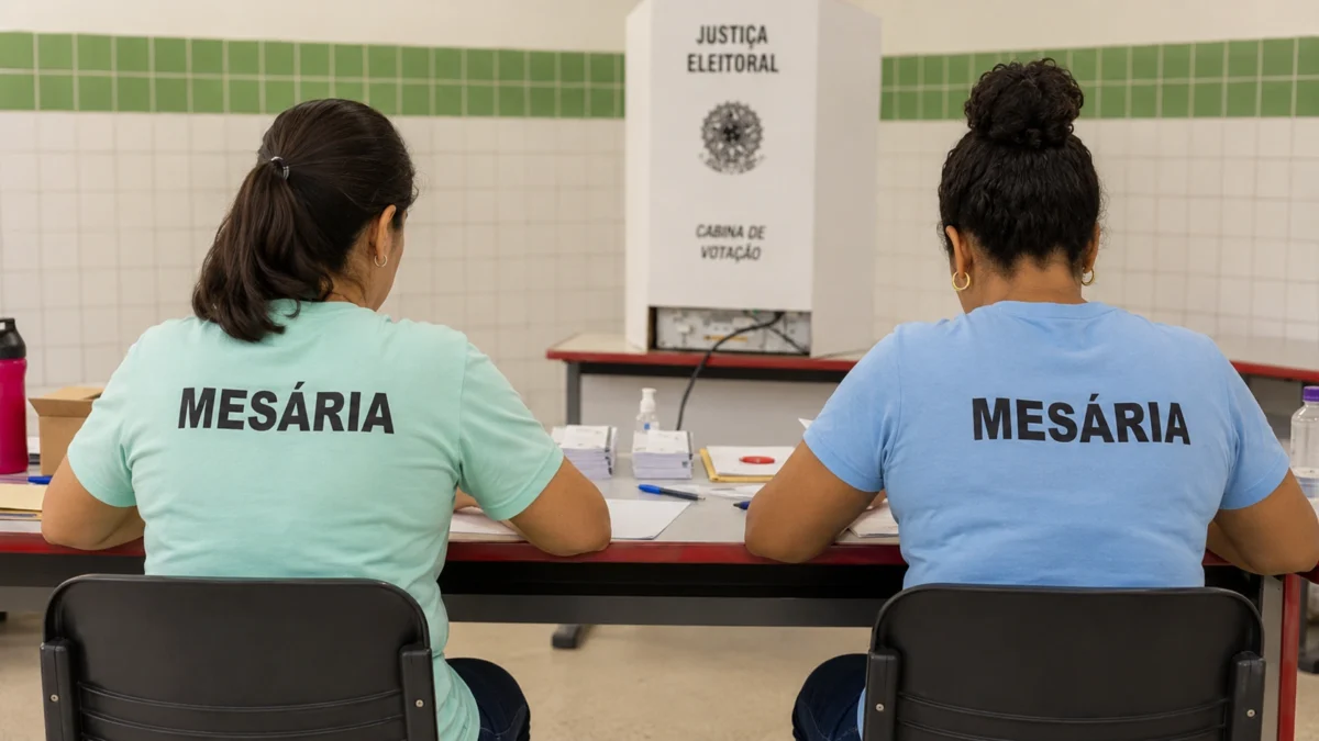 Duas mesárias sentadas de costas em seção eleitoral durante organização para as eleições de 2026