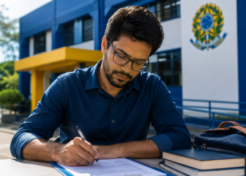 Homem de óculos e camisa azul escreve em documento diante de prédio com brasão da República.
