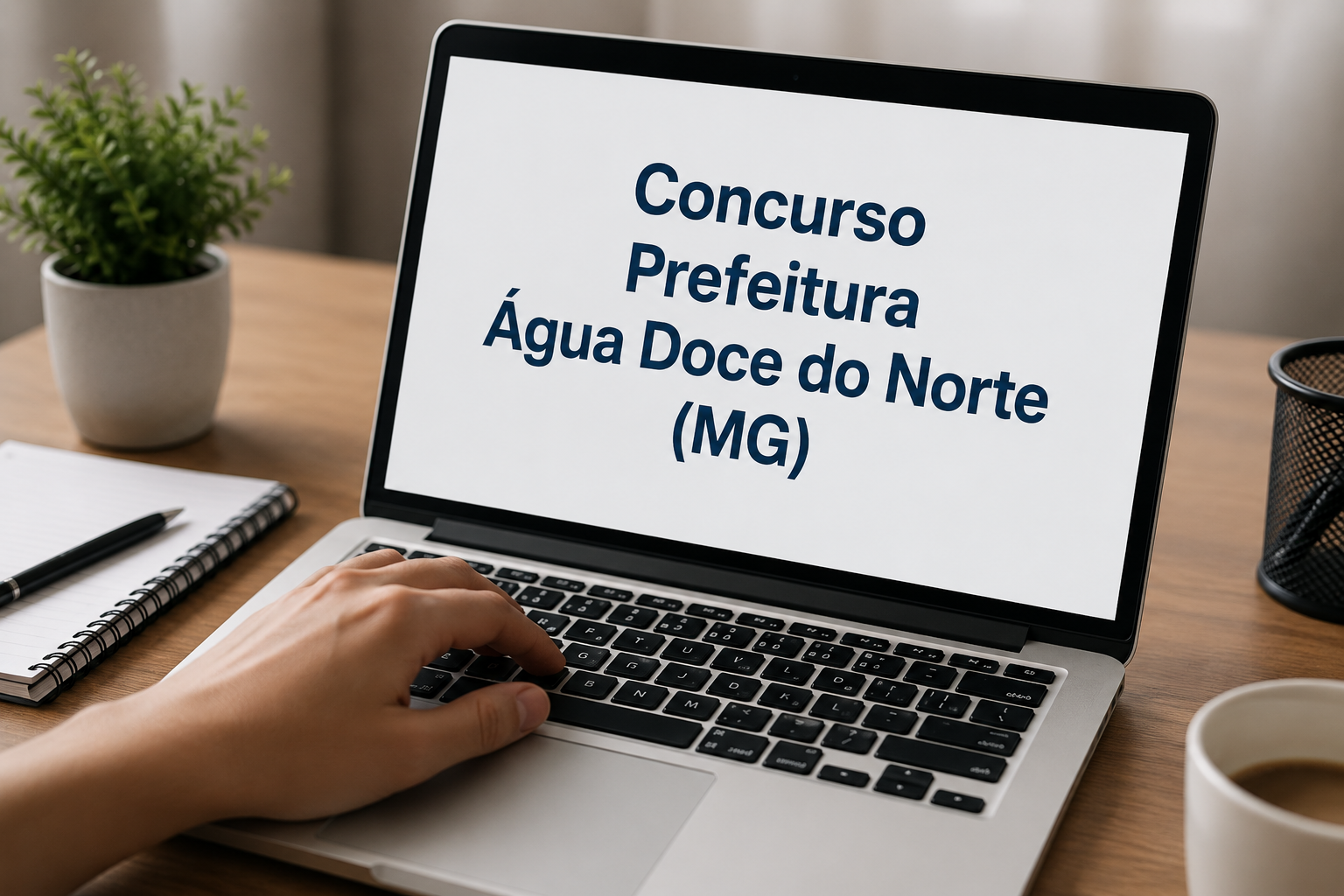 Notebook prateado exibindo texto "Concurso Prefeitura Água Doce do Norte (MG)" sobre mesa de madeira com planta decorativa.