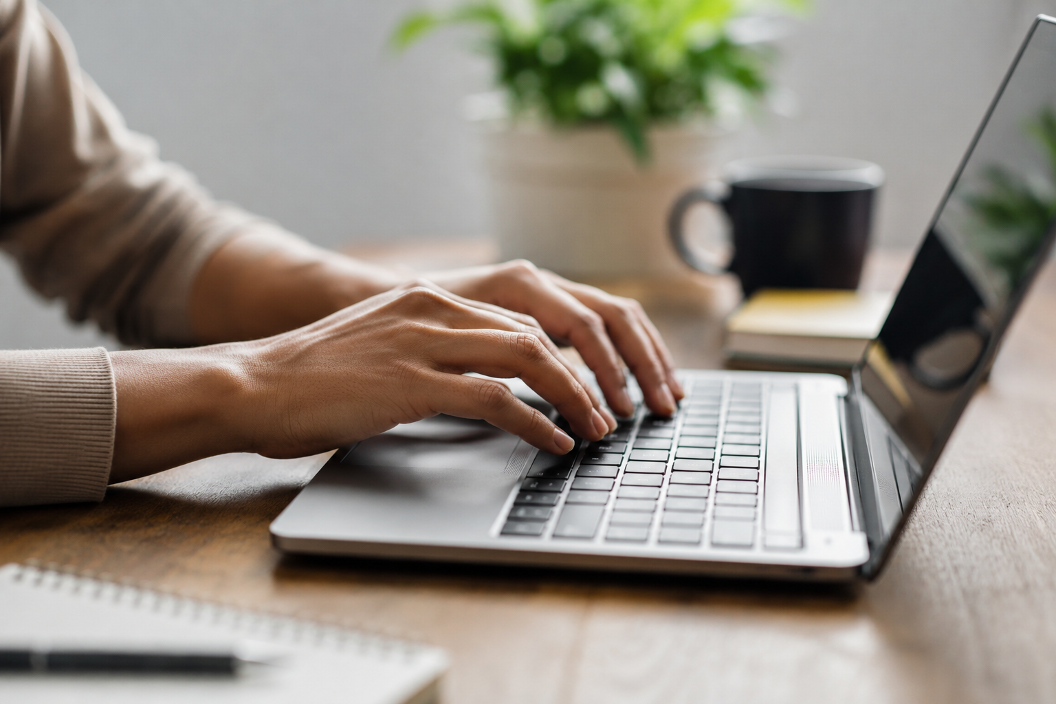 Mãos femininas com blusa bege digitando em laptop prateado, com caneca preta e planta ao fundo.