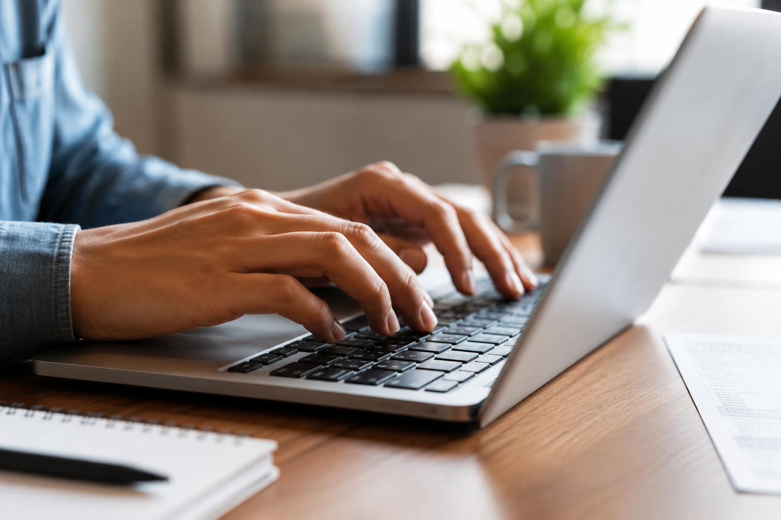 Mãos masculinas com camisa jeans azul digitando em teclado de notebook prata, mesa de madeira com caderno e planta.