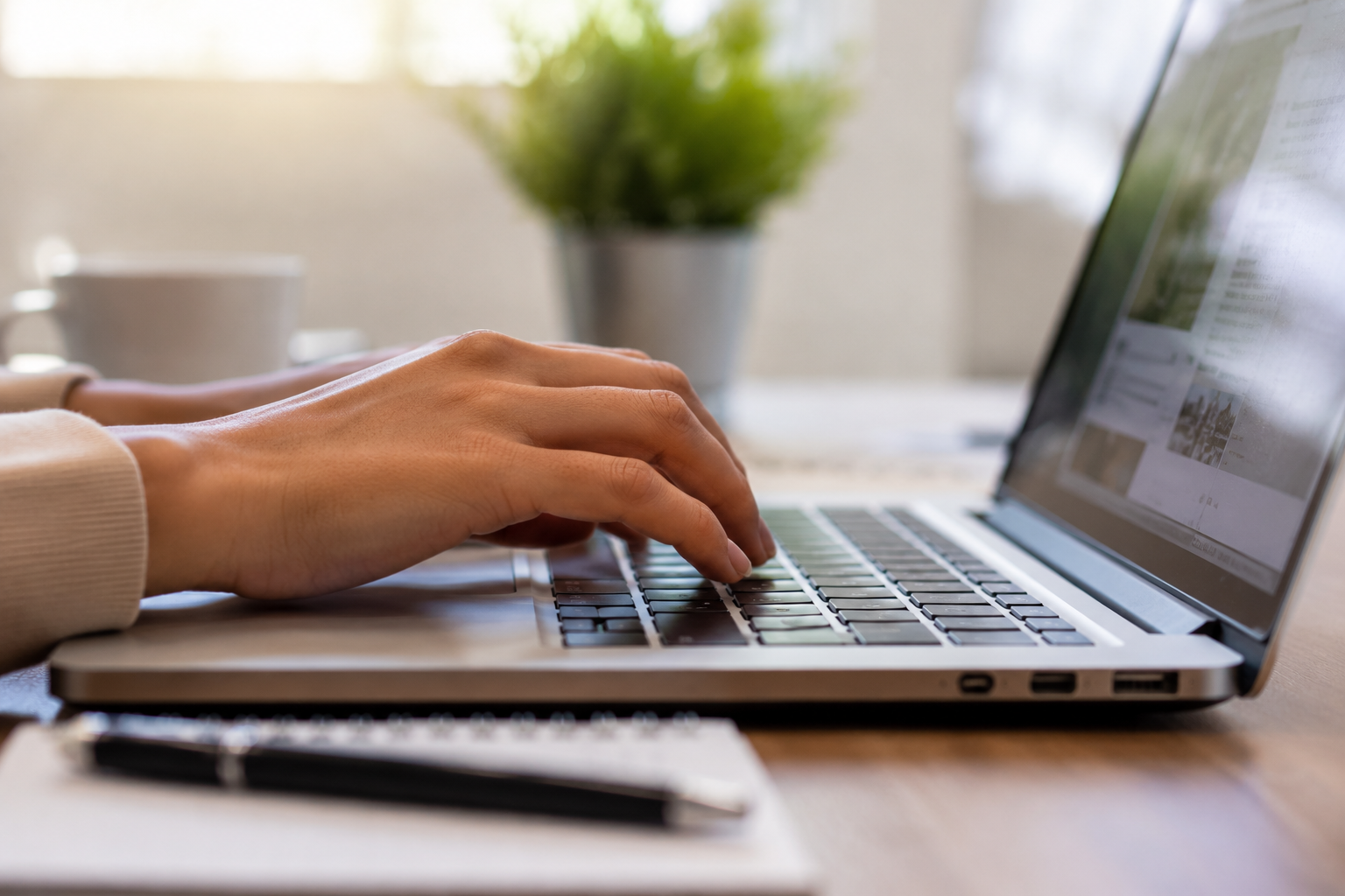 Mãos femininas digitando em teclado de notebook prateado sobre mesa de madeira com caderno, caneta e planta ao fundo.