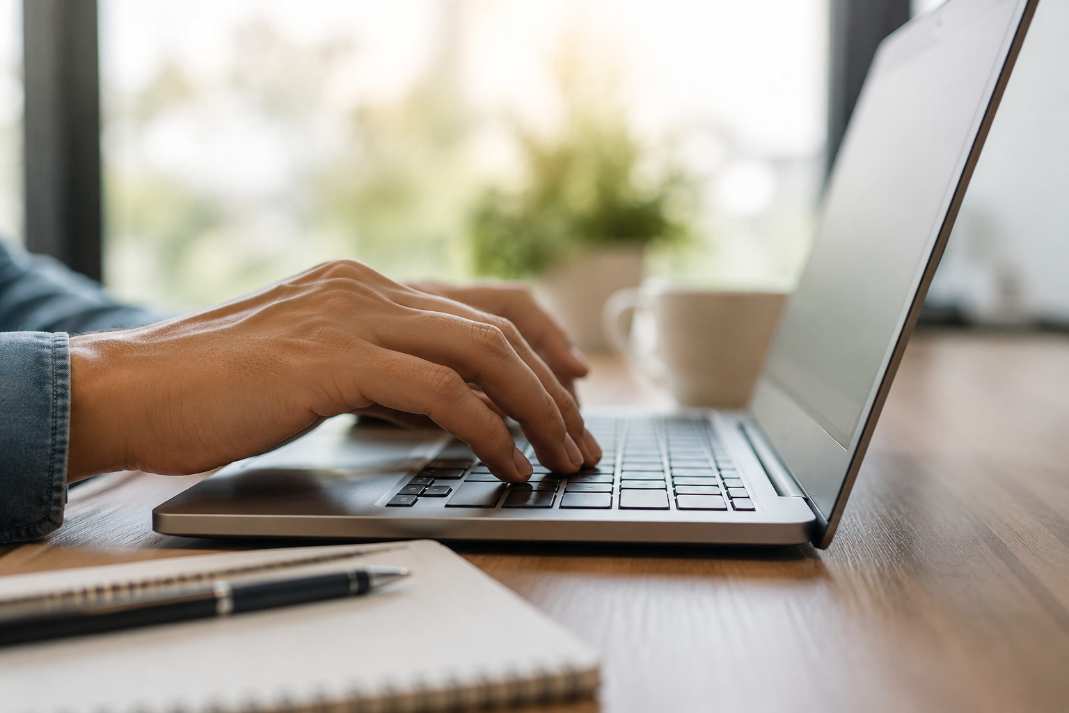 Mãos masculinas digitando em teclado de laptop prateado sobre mesa de madeira com caderno, caneta e xícara branca ao fundo.