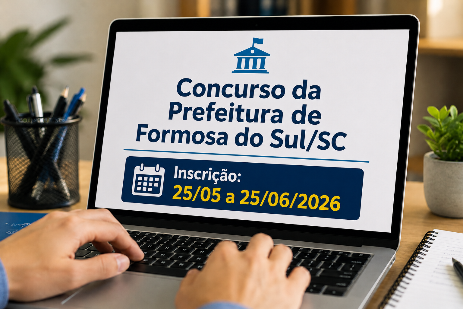 Notebook exibindo anúncio de concurso público da Prefeitura de Formosa do Sul SC com inscrições de 25/05 a 25/06/2026.