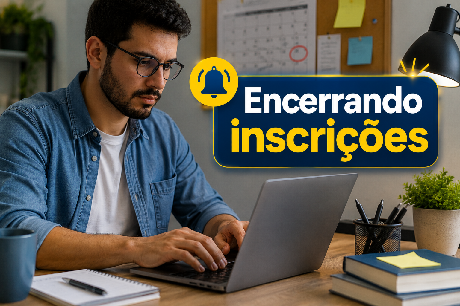 Homem de óculos e camisa jeans azul digita em laptop cinza em mesa de escritório com ícone de sino e texto "Encerrando inscrições".