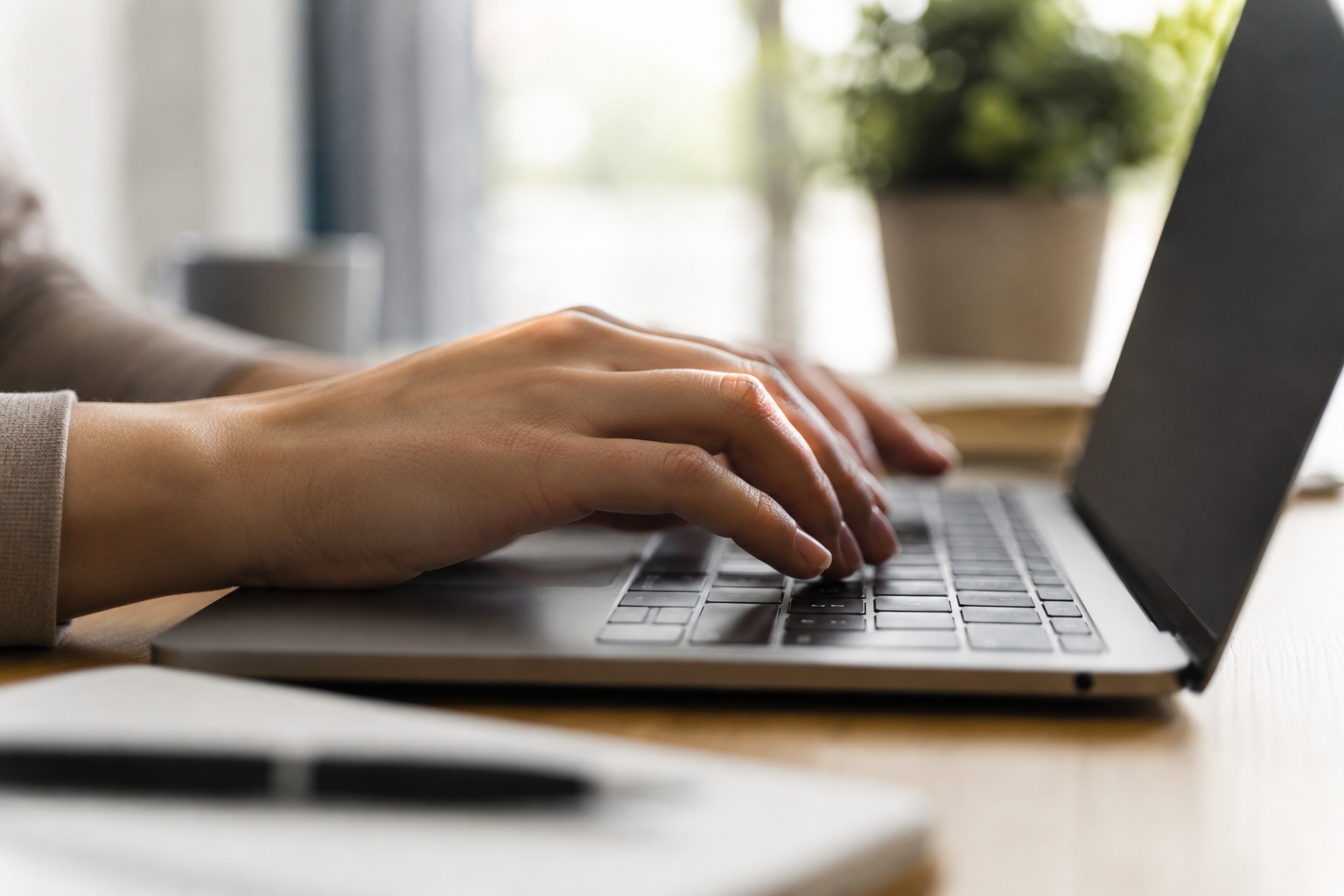 Mãos femininas digitando no teclado de notebook cinza em mesa de madeira com planta ao fundo.
