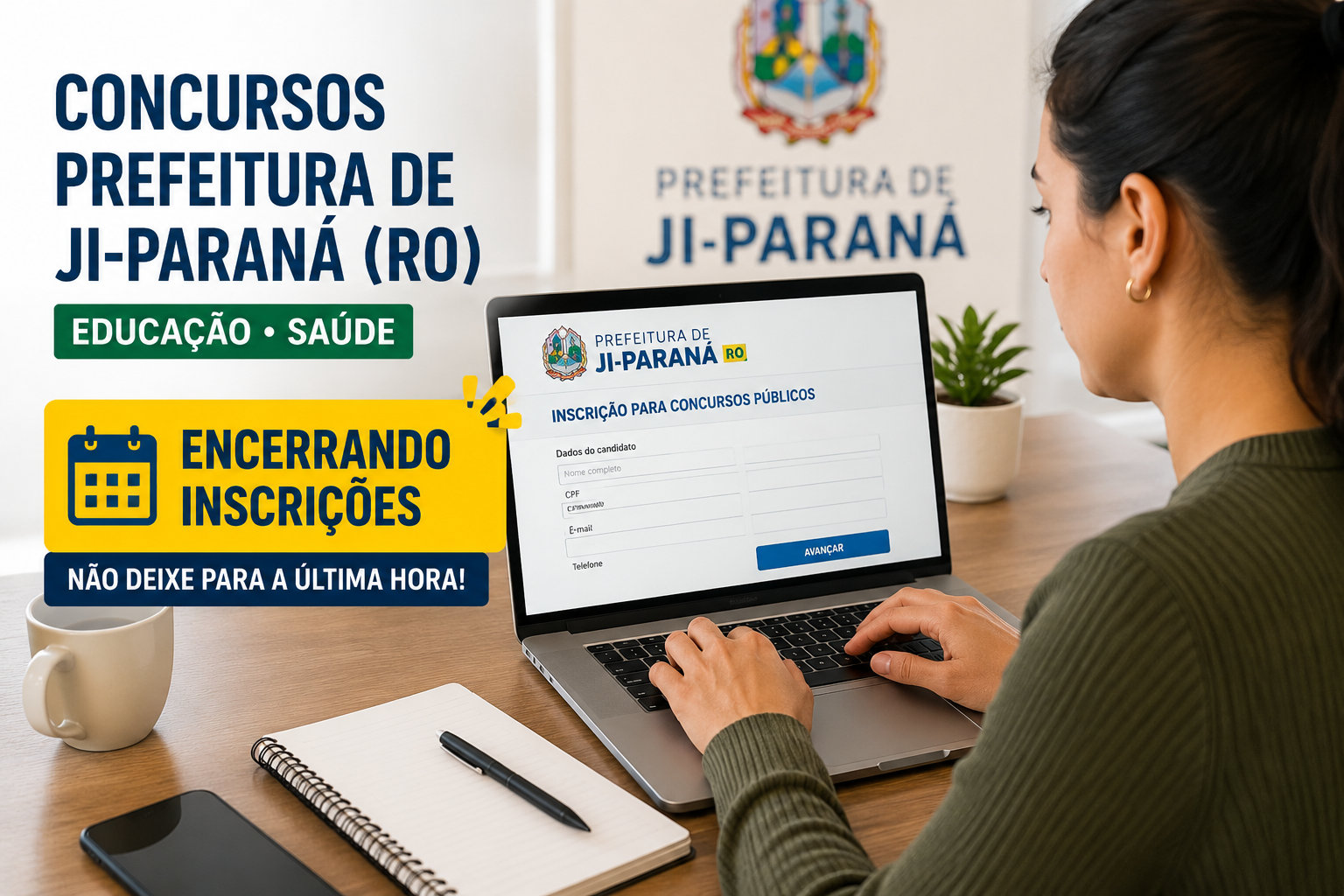Mulher digita em notebook exibindo formulário de inscrição para concursos públicos de Ji-Paraná-RO.