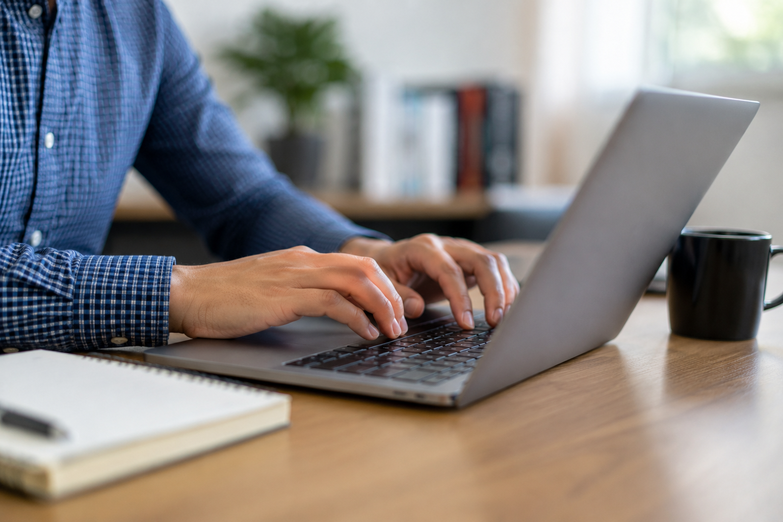 Mãos masculinas digitando em laptop prateado sobre mesa de madeira com caderno, celular e caneca preta ao lado.
