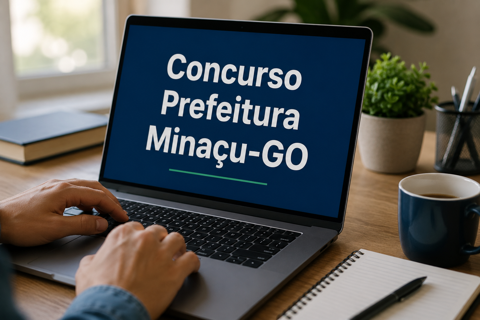 Laptop exibindo tela azul com texto "Concurso Prefeitura Minaçu-GO" sobre mesa de escritório com caderno e xícara.