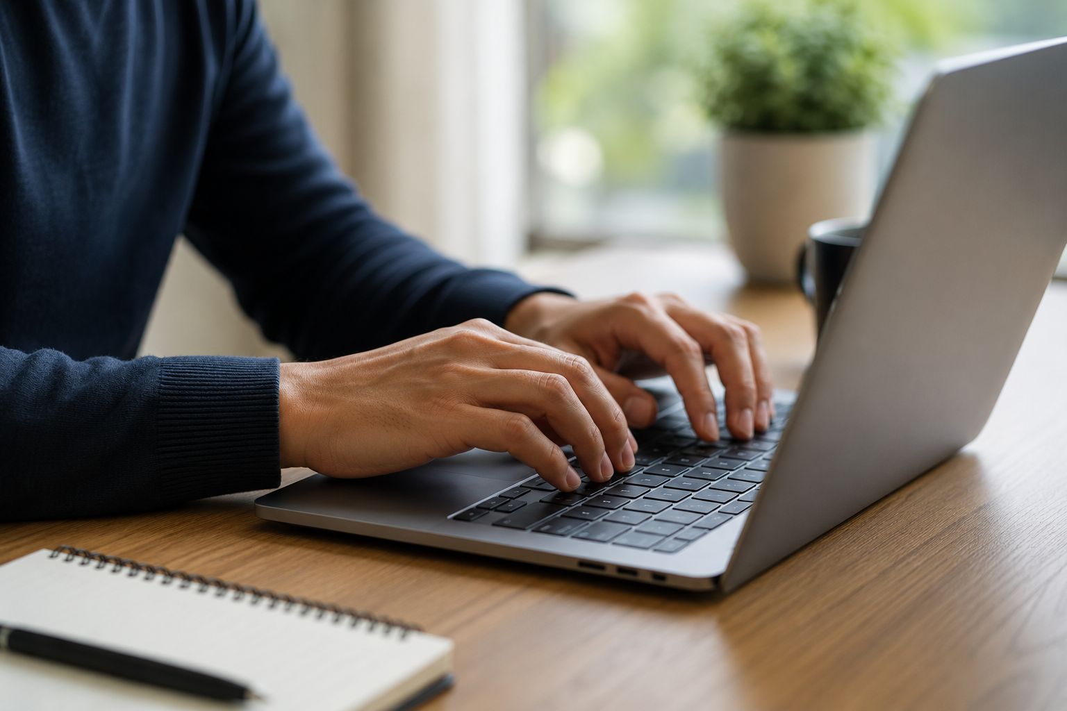 Mãos masculinas digitando em teclado de laptop prata, com caderno espiral, caneta e planta ao fundo em mesa de madeira.