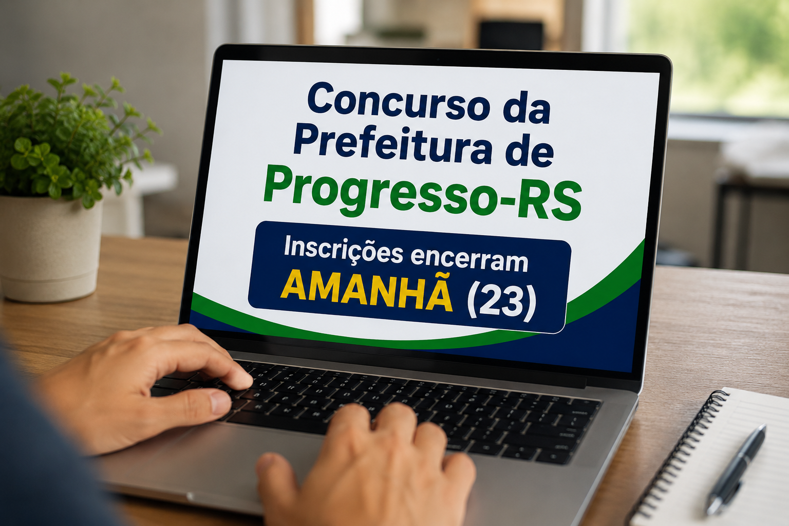 Mãos digitando em notebook com anúncio do concurso da Prefeitura de Progresso-RS, inscrições até dia 23.
