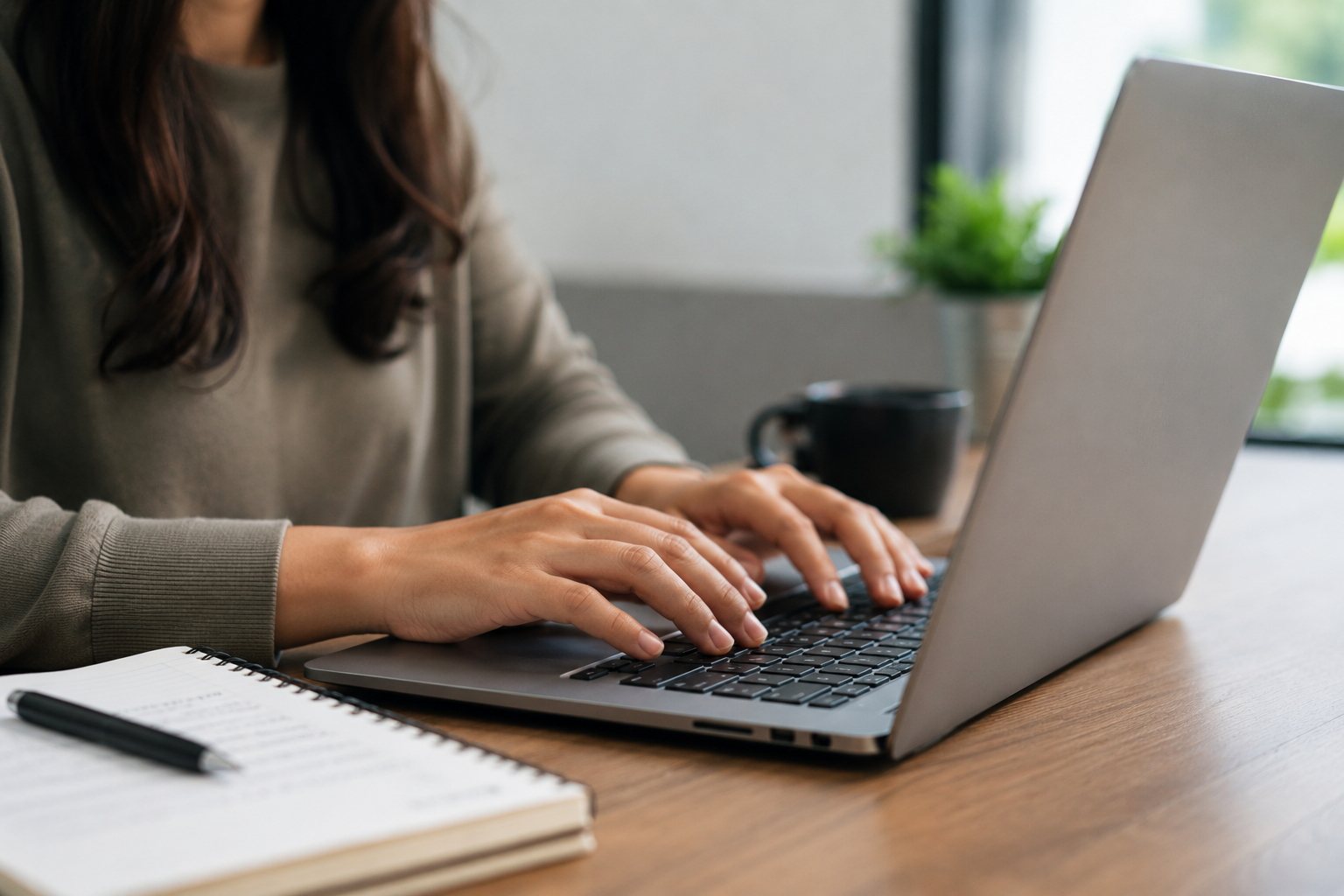 Mãos femininas digitando em teclado de notebook prata, com caderno espiral e caneta sobre mesa de madeira.